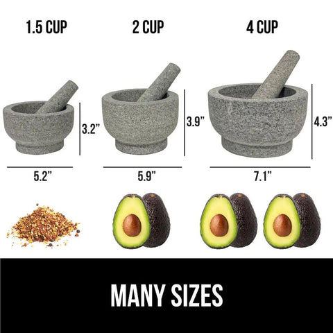 Three sizes of 100 Percent Natural Granite Mortar And Pestle Set With Non Scratch Base Heavy Duty Unpolished Molcajete shown with measurements, spices, avocados.