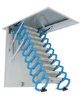 Heavy Duty Electric Attic Ladder With Remote Control Pull Down Loft Staircase Telescoping Ceiling Access beefy scissor design with blue grips.