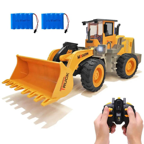 Dope One Fourteenth Scale RC Wheel Loader with 9-channel remote, two batteries, large liftable bucket. Front loader bulldozer for kids 6+.