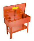 Built Tough Heavy Duty Parts Washer With 40 Gallon Steel Bath And One Gallon Per Minute Electric Pump For Auto Mechanics Engine Gear Carburetor No Fuss Workshop Cleanup Rig with open lid and gooseneck faucet.