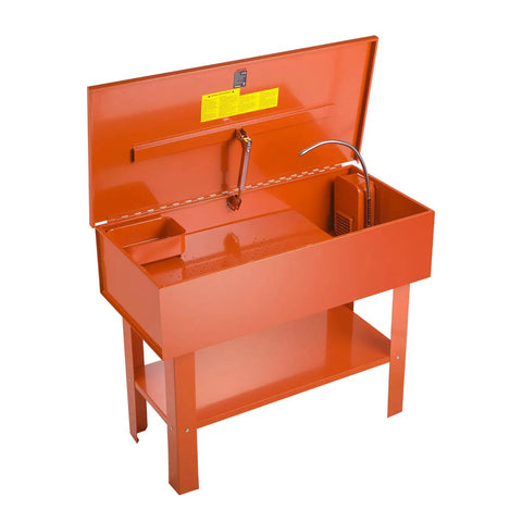 Built Tough Heavy Duty Parts Washer With 40 Gallon Steel Bath And One Gallon Per Minute Electric Pump For Auto Mechanics Engine Gear Carburetor No Fuss Workshop Cleanup Rig with open lid and gooseneck faucet.