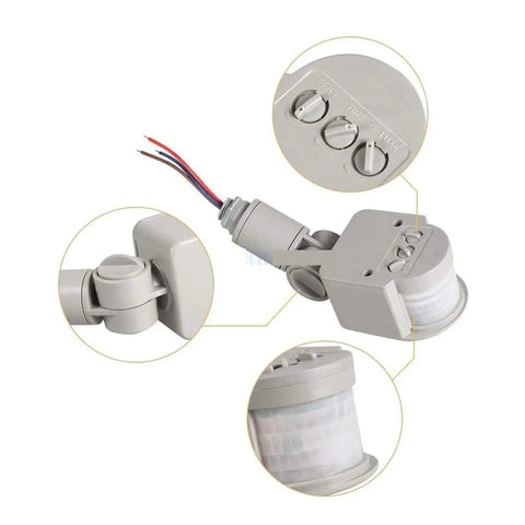 No-Brainer 12V Motion Sensor Light Switch With 180 Degree Rotating PIR, Gray plastic sensor switch with wires and adjustable mount