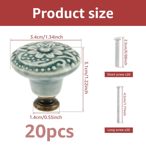 Slick Green Ceramic Cabinet Knobs, Retro Drawer Pulls For Kitchen Cabinets And Dressers, Vintage Furniture Handle Set Including Mounting Hardware, size dimensions shown.