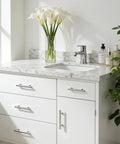 Bathroom vanity with Six Pack Three Inch Hole Center Brushed Nickel T Bar Cabinet Pulls on white drawers and marble countertop.