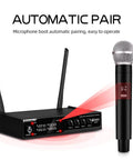 VM304 VHF Wireless Microphone System With Four Handheld Mics And XLR Outputs For Home Karaoke Weddings Or Conferences with automatic pairing feature.