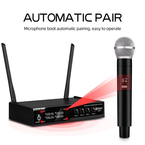 VM304 VHF Wireless Microphone System With Four Handheld Mics And XLR Outputs For Home Karaoke Weddings Or Conferences with automatic pairing feature.