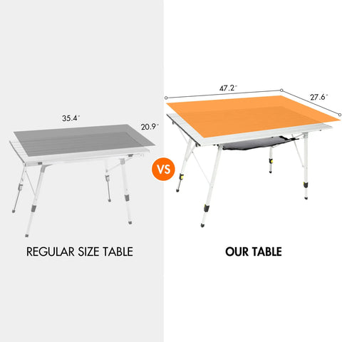 Comparison of regular table and Portable Folding Camping Table With Adjustable Aluminum Legs Roll Up Table