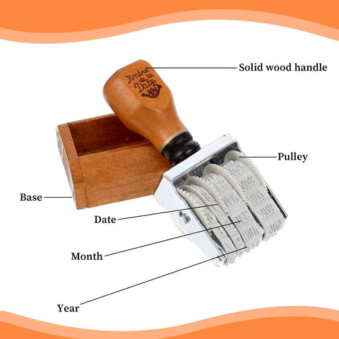 Sweet Diy Date Roller Stamper Sets Day Month Year Marks With Quick Library Book Seal and Craft Egg Stamper with solid wood handle and metal base.