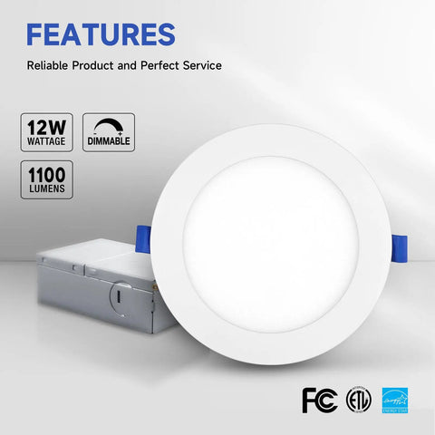 Heavy Hitter 6 Inch Slim Recessed Led Downlight With Junction Box Ic Rated Dimmable Can Light, 12W 1100 Lumens, white frosted lens.