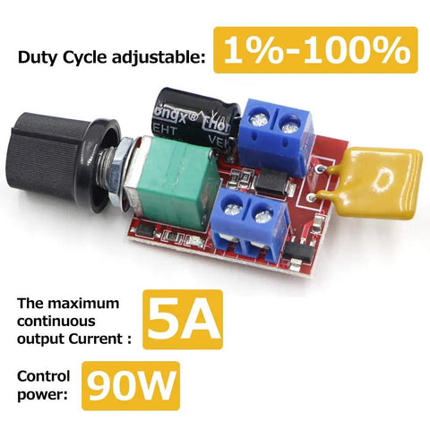 PWM DC Motor Speed Controller 5A Dimmer For 3V To 35V DC Motors And Fans With Adjustable Duty Cycle From One Percent To One Hundred Percent, 10KHz PWM, LED Indicator, DIY Friendly Pack Of 2, showing circuit board with components and text labels