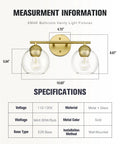 Gold Finish 2 Light Bathroom Vanity Light Over Mirror With Clear Glass Globe Shades with specifications and measurements