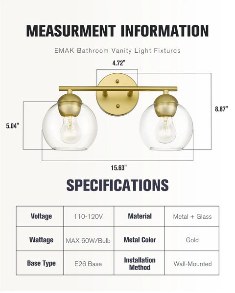 Gold Finish 2 Light Bathroom Vanity Light Over Mirror With Clear Glass Globe Shades with specifications and measurements
