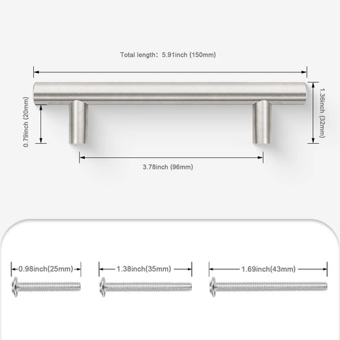 Diagram showing 30 Pack Hole Center 96 Millimeter Brushed Nickel Cabinet Pulls Stainless Steel Kitchen Drawer Handles with size measurements.