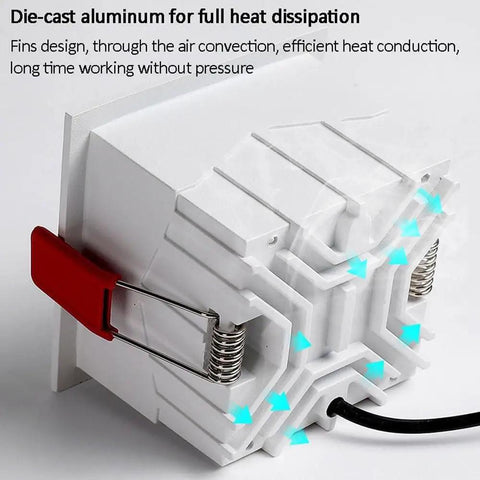 Die-cast aluminum housing of 12 Pack 3.3 Inch Square Ultra Thin Led Recessed Downlights for efficient heat dissipation.