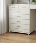 Side view of a dresser with Heavy Duty Non Swivel Drawer Caster Wheels 0.5 Inch Low Profile Set Of Four with Rigid Steel Frame installed.