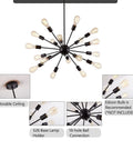 Black 18 Light Starburst Chandelier Pendant Light 36 Inch Wide For Living Room Dining Room Kitchen Island Foyer Retro Style Modern Farmhouse Industrial Ceiling Fixture With Adjustable Height And Durable Spray Painted Metal shown with detailed bulb socket view and mounting system.
