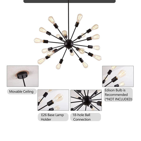 Black 18 Light Starburst Chandelier Pendant Light 36 Inch Wide For Living Room Dining Room Kitchen Island Foyer Retro Style Modern Farmhouse Industrial Ceiling Fixture With Adjustable Height And Durable Spray Painted Metal shown with detailed bulb socket view and mounting system.