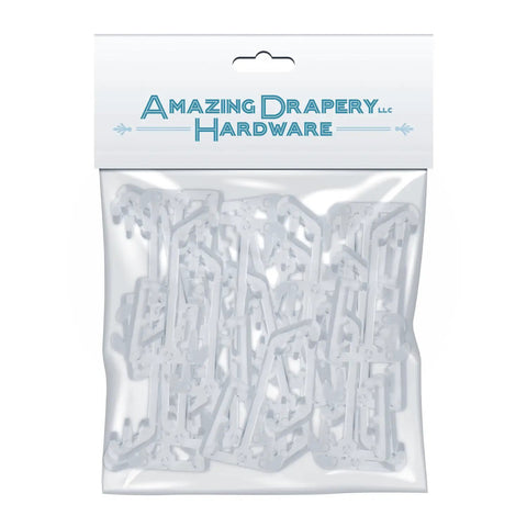 Straight Up The Real Deal One Inch Window Valance Clips For Horizontal Mini Blinds Clear Fade Resistant Plastic Hardware With A Tight Grip And Zero Fuss Thirty Pack in packaging.