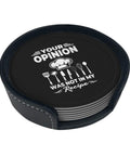 Six Piece Leather Coaster Set With Holder For Drinks Bar Home Office Surface Protection, black coasters with engraved text