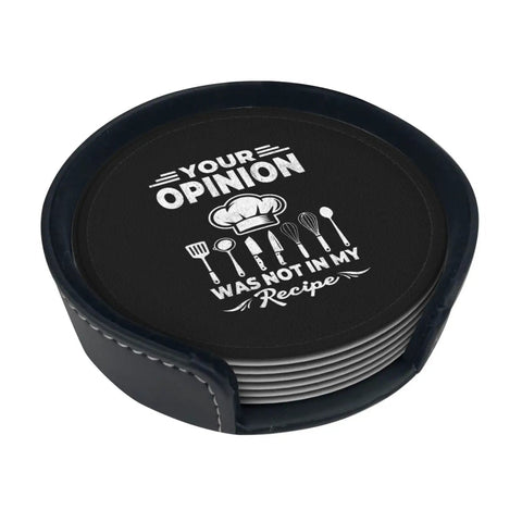 Six Piece Leather Coaster Set With Holder For Drinks Bar Home Office Surface Protection, black coasters with engraved text