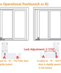 Diagram showing Patio Sliding Door Security Foot Lock Kick Lock for top or bottom rail in two operational positions, A and B.
