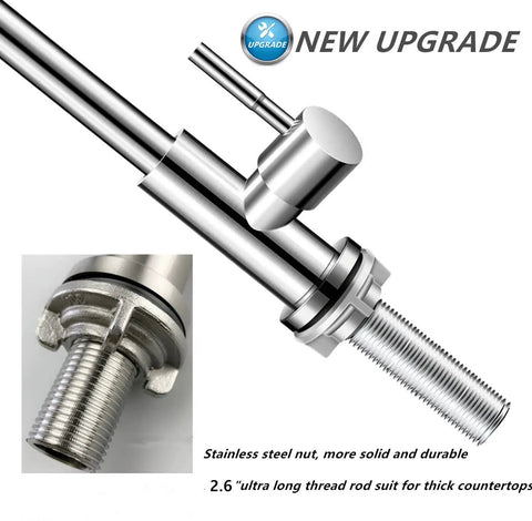 Straight Up Brushed Nickel Cold Water Faucet Single Handle Single Hole Setup For Kitchen Or Outdoor Use Built Heavy Duty With Lead Free Stainless Steel And Extended Threaded Rod For Hassle Free Install close-up of stainless steel nut and extended threaded rod