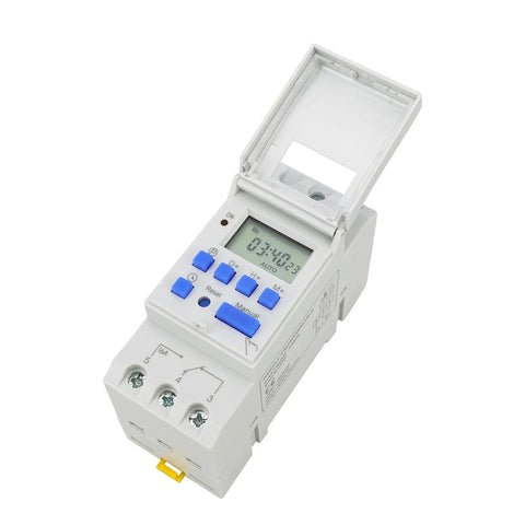 12V Digital Programmable Timer Switch With 16A SPDT Relay For Home Auto And Light Industrial Setups Weekly Scheduling AC DC Input Reliable Power Timer, white DIN rail module with LCD and blue buttons