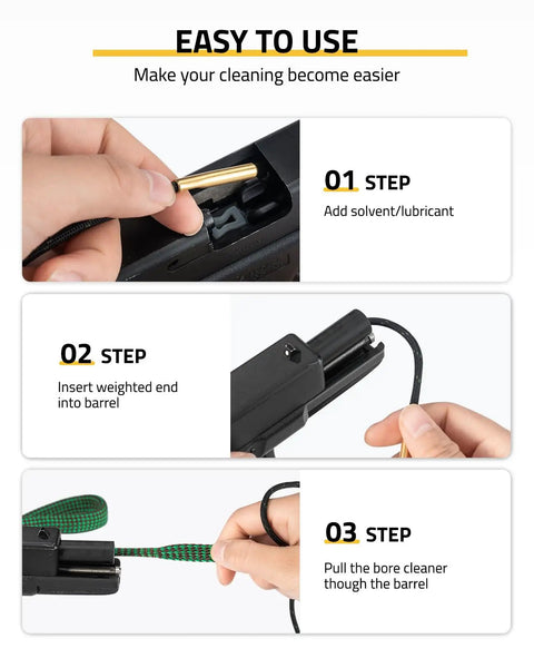 All In One Gun Cleaning Kit With Magnetic Cleaning Mat For Multi Caliber From 9mm To.223 Includes 3 Cleaning Snakes 100 Patches 50 Swabs 3 Brushes 1 Metal Pick And Dual Oil Bottles For Quick Mess Free Cleanup, 3-step use guide