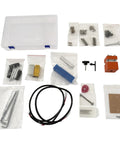 Techtongda Mini Wood Lathe With Dual Motors For Turning And Drilling Soft Metals Plastic Plexiglass Compact Buddha Bead Machine For Crafters Teaching Tool High Torque 220V accessory kit with various parts in clear container.