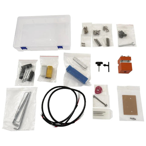 Techtongda Mini Wood Lathe With Dual Motors For Turning And Drilling Soft Metals Plastic Plexiglass Compact Buddha Bead Machine For Crafters Teaching Tool High Torque 220V accessory kit with various parts in clear container.
