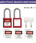 Lockout Tagout Station With Cover And 10 Pack Safety Padlocks Keyed Different Grab And Go Wall Mountable LOTO Kit Storage Board, showing padlocks and keys with multilingual labels.
