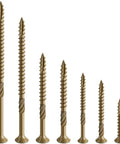 Top Shelf Exterior Deck Screws Size 8 X 1 Inch 560 Piece Pack T20 Torx Wood Fasteners With Rust Resistant Bronze Epoxy Coating displayed in varying lengths.