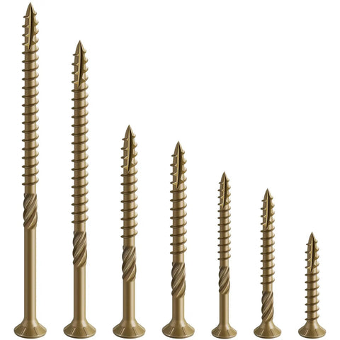 Top Shelf Exterior Deck Screws Size 8 X 1 Inch 560 Piece Pack T20 Torx Wood Fasteners With Rust Resistant Bronze Epoxy Coating displayed in varying lengths.