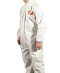 Person wearing Lightweight Disposable Protective Coveralls For Men And Women Hazmat Style With Zipper And Elastic Cuffs SMMS Microporous Fabric Full Body Coverage For Cleanrooms And Labs 3X Large Pack Of 6