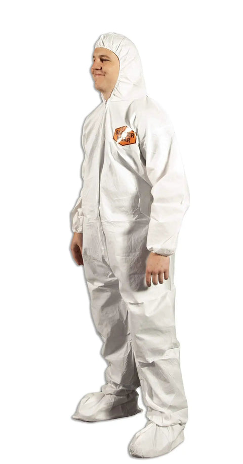 Person wearing Lightweight Disposable Protective Coveralls For Men And Women Hazmat Style With Zipper And Elastic Cuffs SMMS Microporous Fabric Full Body Coverage For Cleanrooms And Labs 3X Large Pack Of 6