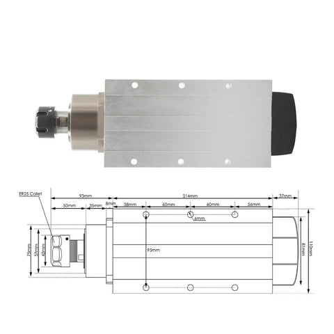 Killer Rig 3.5Kw Air Cooled Cnc Router Spindle Motor with ER25 Chuck and detailed dimensions shown.