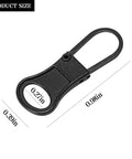 Close-up of a single black zinc alloy tab from the Ten Piece Zipper Pull Replacement Kit With Detachable Tabs For Jackets Backpacks Purses Suitcases And Luggage In Black Durable Zinc Alloy Easy Install Long Lasting Smooth Operation For A Quick No Fuss Fix On The Go, showing measurements.