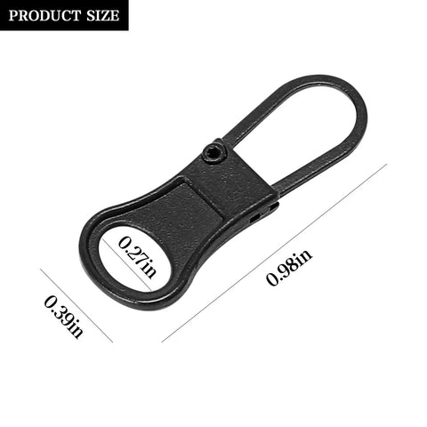 Close-up of a single black zinc alloy tab from the Ten Piece Zipper Pull Replacement Kit With Detachable Tabs For Jackets Backpacks Purses Suitcases And Luggage In Black Durable Zinc Alloy Easy Install Long Lasting Smooth Operation For A Quick No Fuss Fix On The Go, showing measurements.