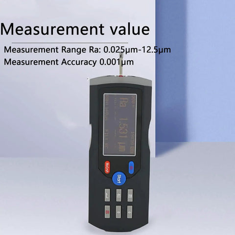 Pro Grade Ultra Accurate Surface Roughness Tester Profilometer with LCD Display showing measurement values.
