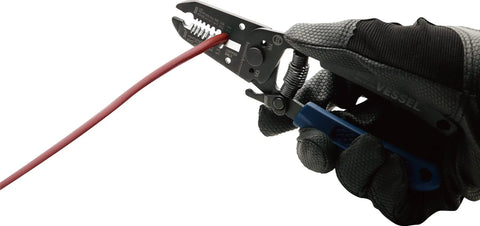 Compact Japanese Made Wire Stripper With Screw Cutter For Small Gauge Wires, 6.4 Inch Length, in use stripping red wire