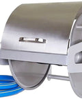 Heavy Duty Retractable Hose Cart Wall Mounted Garden Hose Reel with blue hose and stainless steel casing for easy storage.