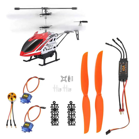 A2212 1000KV Brushless Motor With 40A Electronic Speed Controller And 1060 Propeller Plug And Play Flight Bundle For Rc Planes And Fixed Wing Aircraft with helicopter, orange props, and accessories.