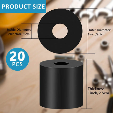 20 Piece Multi Use Rubber Spacers Set One Inch Outer Diameter Three Eighth Inch Inner Diameter One Inch Thick Anti Vibration Neoprene Bushings Tear Resistant Black Washers For Everyday Home And Car Fixups size chart showing 1 in OD, 3/8 in ID, 1 in thick