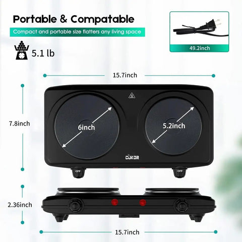 Double Cast Iron Two Burner Portable Electric Stove With 1800W Dual Burners, showing dimensions and power cord