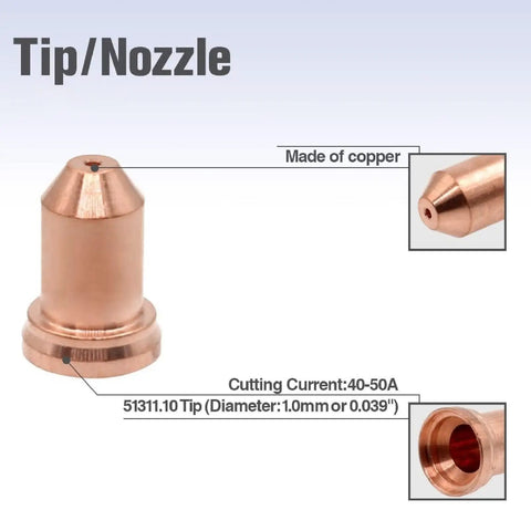 Fresh 20 Pcs Brass Plasma Cutter Consumables Kit With Nozzles And Electrodes Perfect For PT80 PTM80 And IPT80 Torch Sets showing copper nozzle.