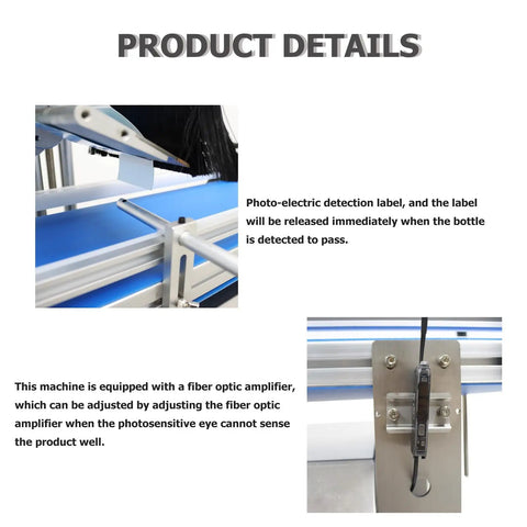 Close-up of No Sweat Automatic Flat Labeling Machine With Heavy Duty Conveyor showcasing photo-electric detection system.