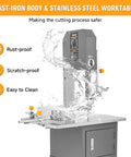 Powerful 550W Commercial Meat Bandsaw with 9.5 inch depth, stainless steel worktable, cast-iron body, water-resistant design.