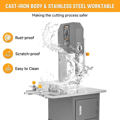 Powerful 550W Commercial Meat Bandsaw with 9.5 inch depth, stainless steel worktable, cast-iron body, water-resistant design.