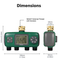 Four Zone Sprinkler Timer With Brass Inlet, Programmable Irrigation Controller dimensions with digital display and connectors.