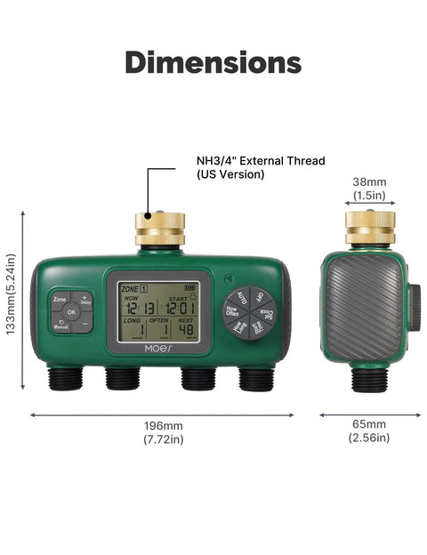 Four Zone Sprinkler Timer With Brass Inlet, Programmable Irrigation Controller dimensions with digital display and connectors.